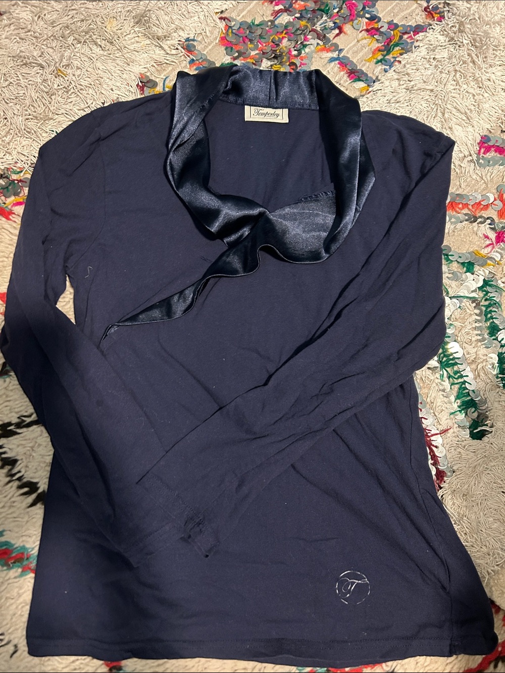 Temperley Navy Long Sleeve Top with Satin Trim